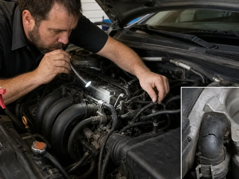 Mechanic inspecting fuel & air intake components during repair guide