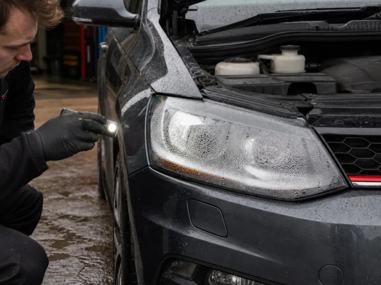 Mechanic inspecting body & interior components during repair guide