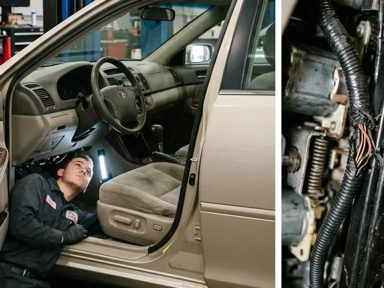 Mechanic inspecting electrical & battery components during repair guide