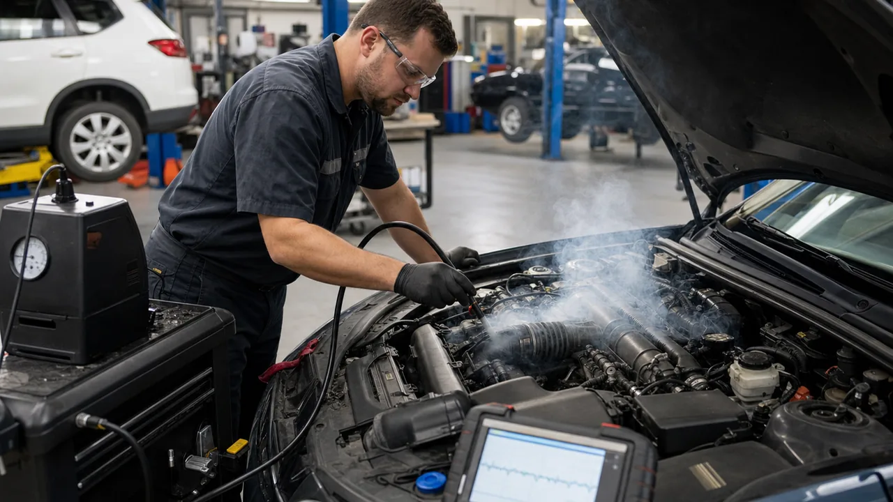 How to Read Fuel Trim Live Data for P0171 and P0174 Lean Codes 3 Technician using smoke testing to confirm a lean-code vacuum or intake leak