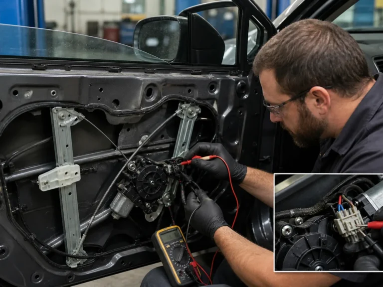 Mechanic inspecting body & interior components during repair guide