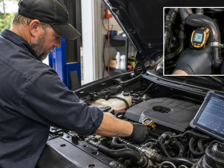 Mechanic inspecting cooling system components during repair guide