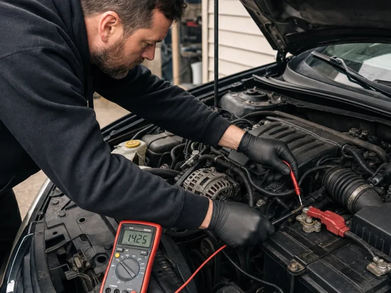 Mechanic inspecting electrical & battery components during repair guide