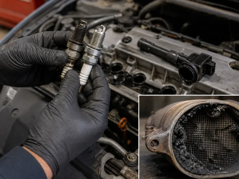 Mechanic inspecting exhaust & emissions components during repair guide