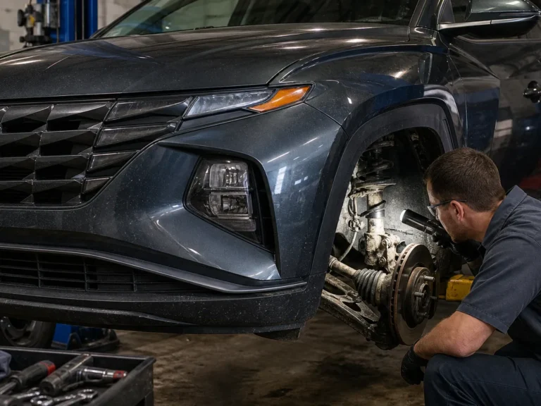 Mechanic inspecting braking components during repair guide