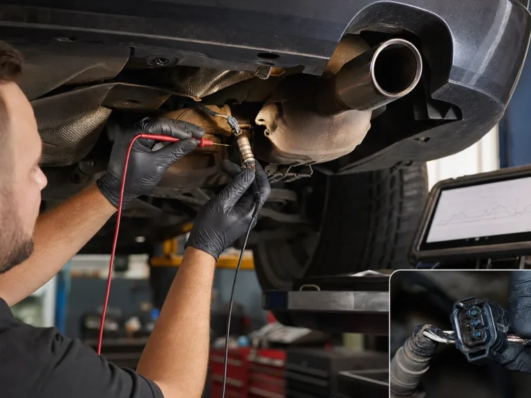 Mechanic inspecting misfire components during P0138 diagnosis