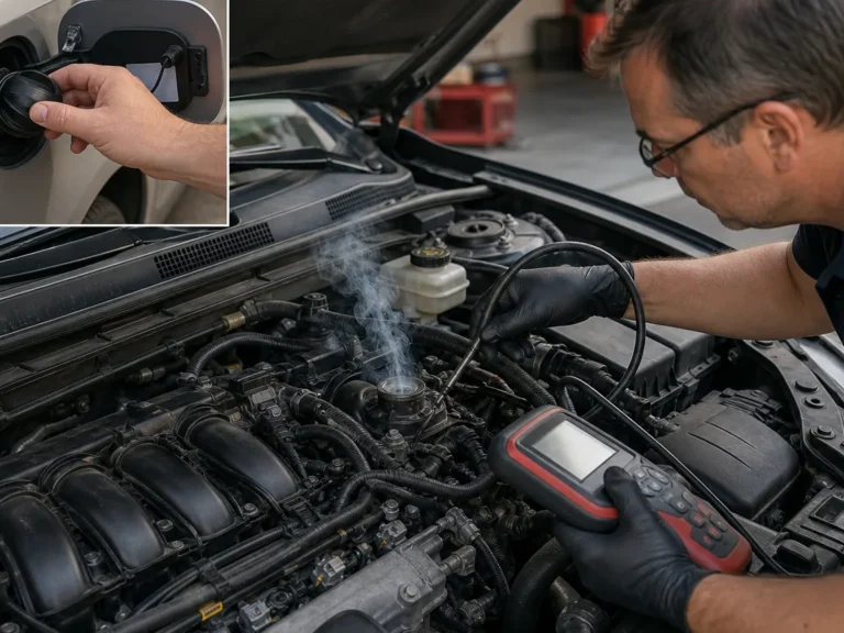Mechanic inspecting evap components during P0442 diagnosis