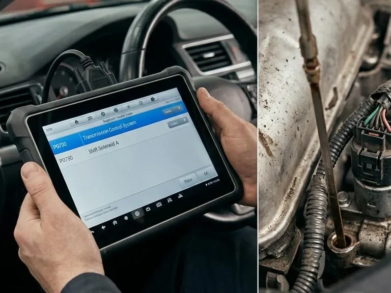 Mechanic inspecting cooling components during P0700 diagnosis