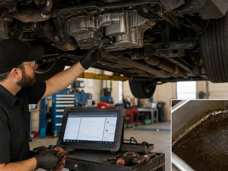Mechanic inspecting emissions components during P0741 diagnosis