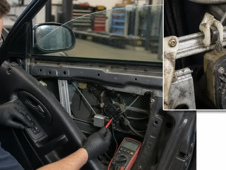 Mechanic inspecting body & interior components during repair guide