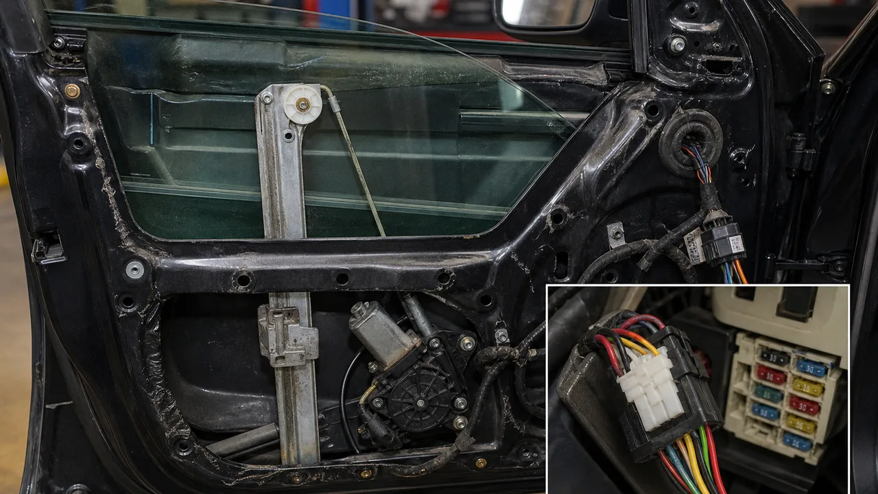 Ranked causes section: regulator wear or cable failure, weak motor, switch fault, wiring or connector issue, track obstruction, glass misalignment, fuse or module issue. illustration for Power Window Stuck Partway: How to Tell If the Regulator or Motor Is Failing