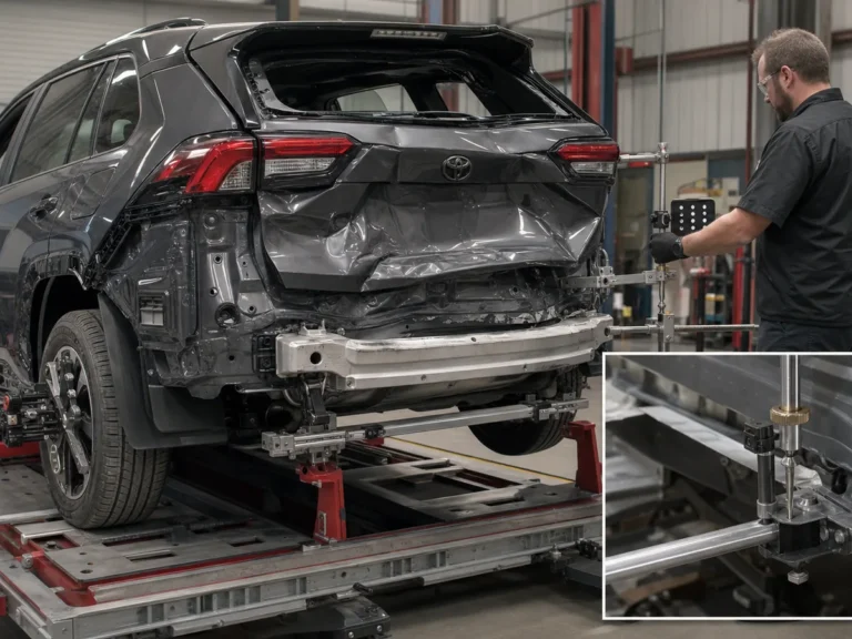 Mechanic inspecting steering & suspension components during repair guide