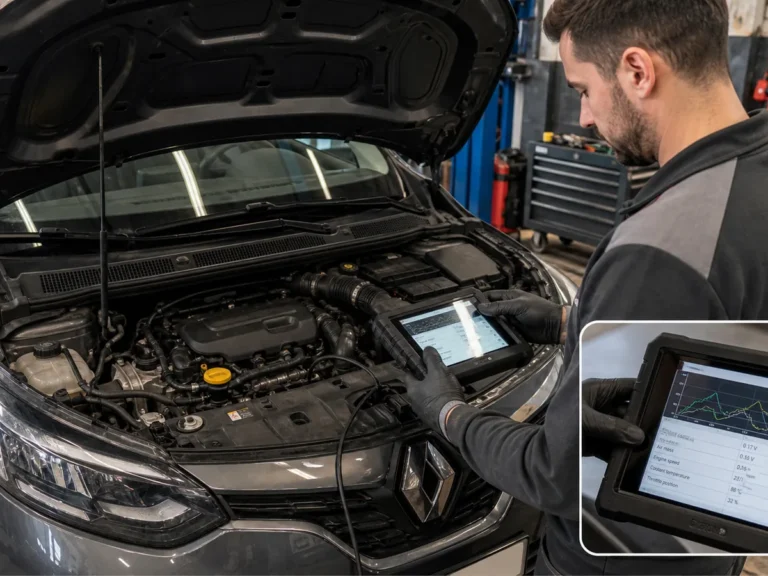 Technician checking vehicle renault check anti-pollution system with loss of power: what to scan first symptoms in the misfire system