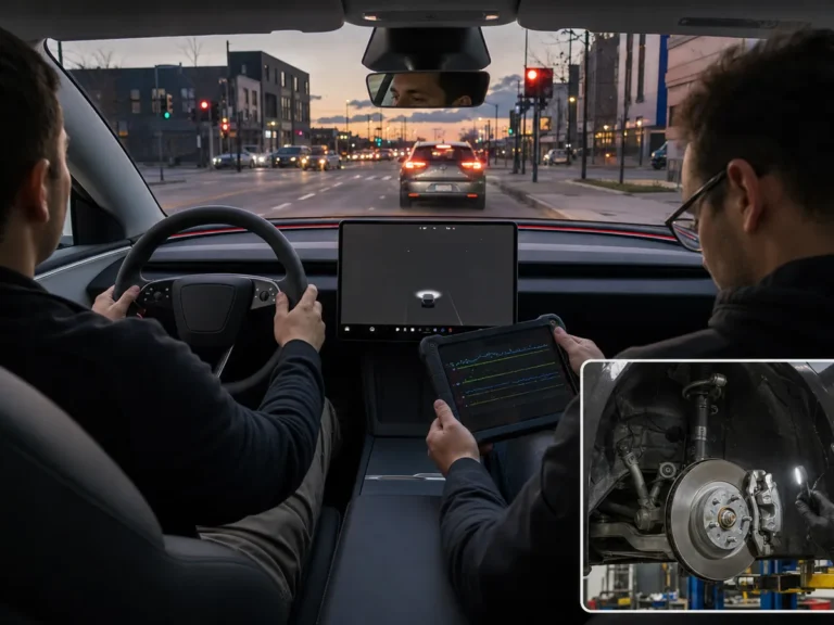 Technician checking vehicle tesla model 3 highland jerks when slowing to a stop on regen braking symptoms in the braking system