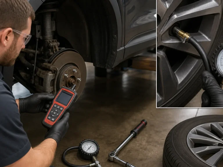 Mechanic inspecting tires & wheels components during repair guide