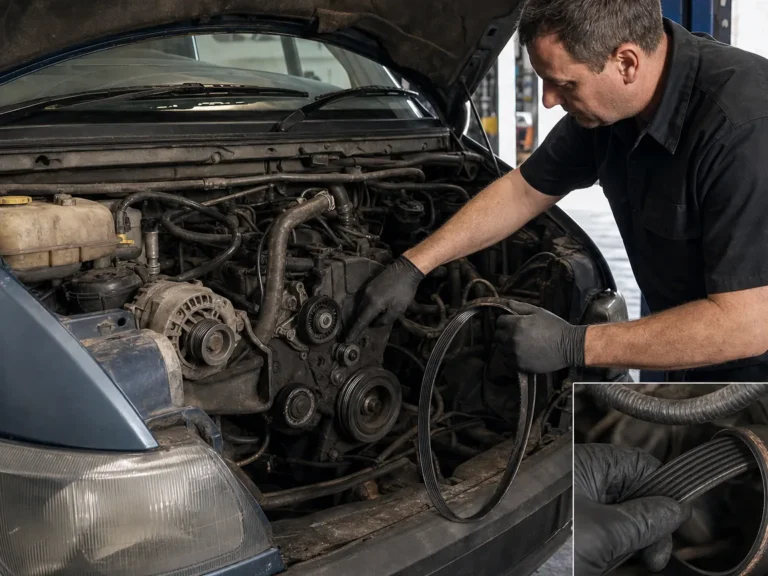 Mechanic inspecting engine components during repair guide