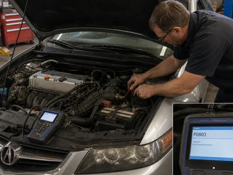 Mechanic inspecting misfire components during P0603 diagnosis