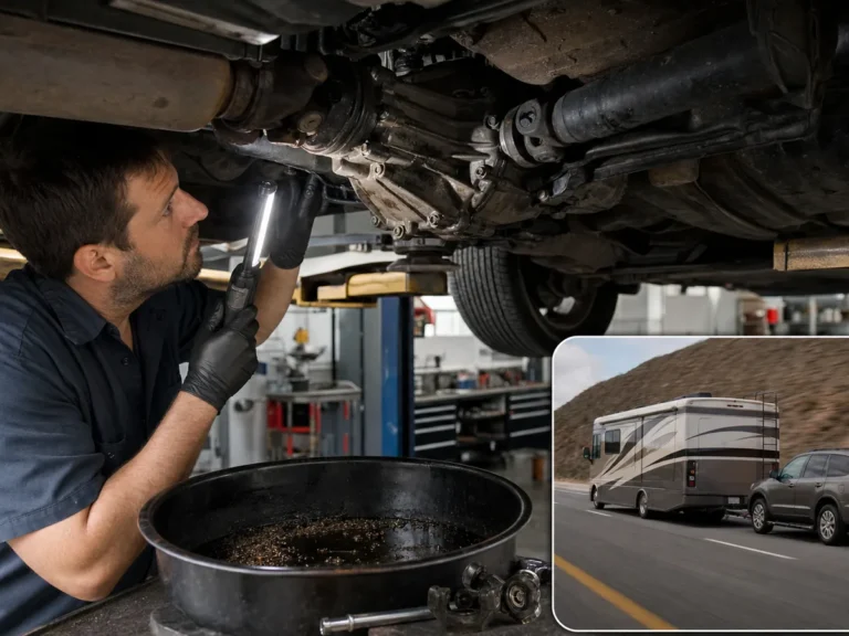 Mechanic inspecting transmission & drivetrain components during repair guide