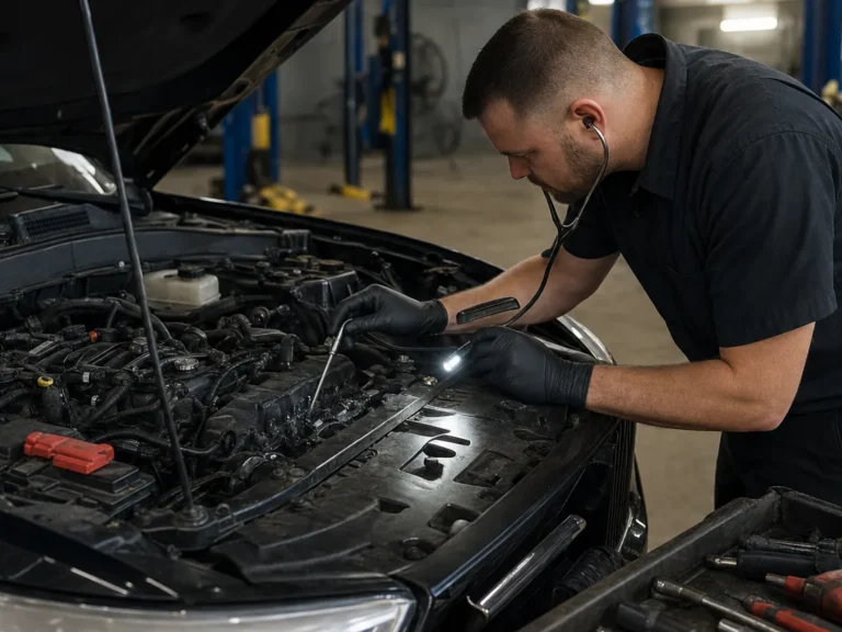 Mechanic inspecting engine components during repair guide