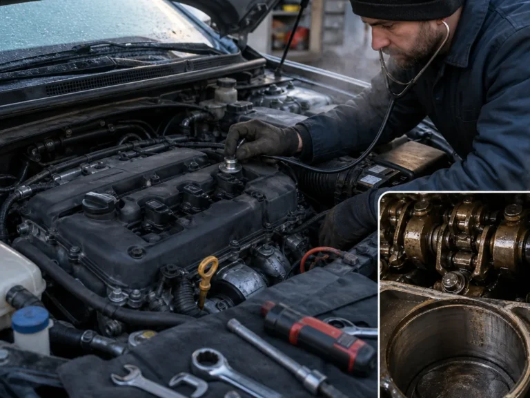 Technician checking vehicle what causes cold ticking at idle: lifter noise or piston slap symptoms in the misfire system