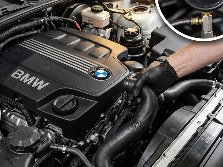 Mechanic inspecting cooling system components during repair guide