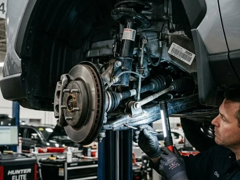 Mechanic inspecting braking components during repair guide