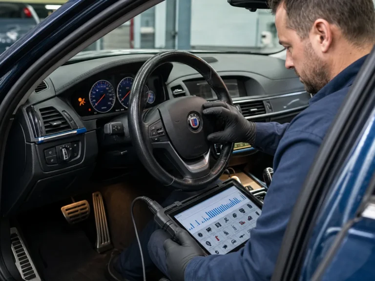 Mechanic inspecting body & interior components during repair guide