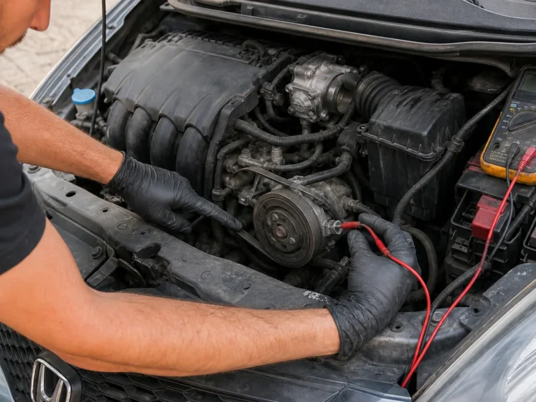 Mechanic inspecting braking components during repair guide