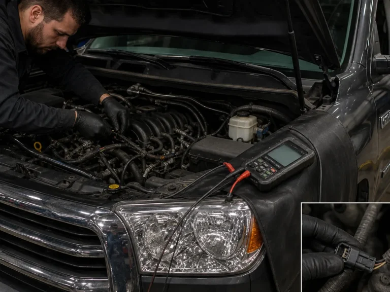 Mechanic inspecting misfire components during P0368 diagnosis
