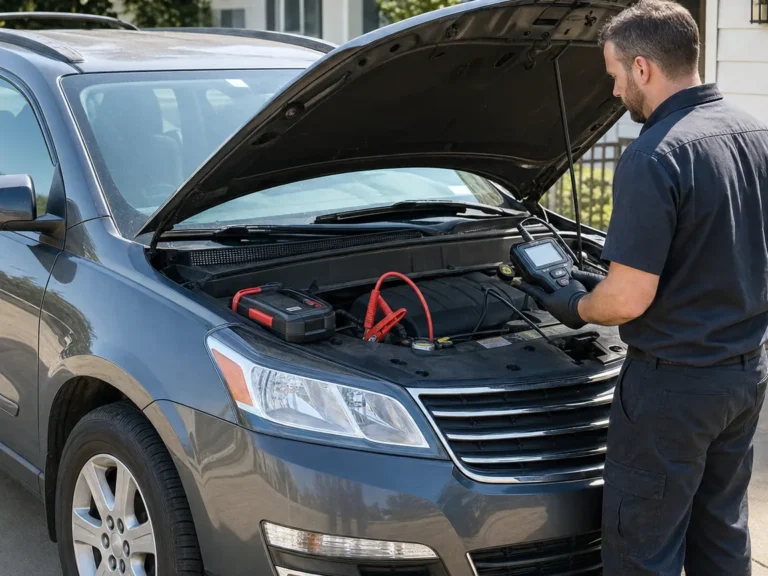A 2014 Chevy Traverse with the hood open during a no-start diagnosis
