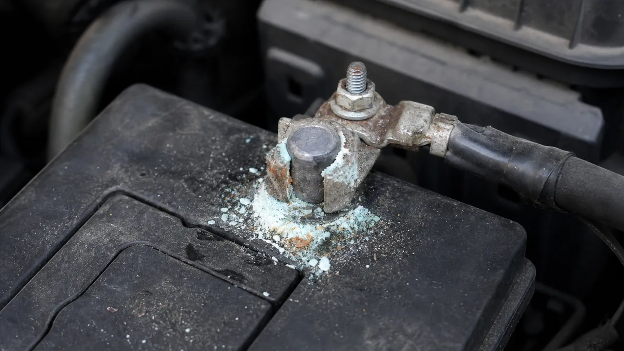 Close-up of an SUV battery terminal check