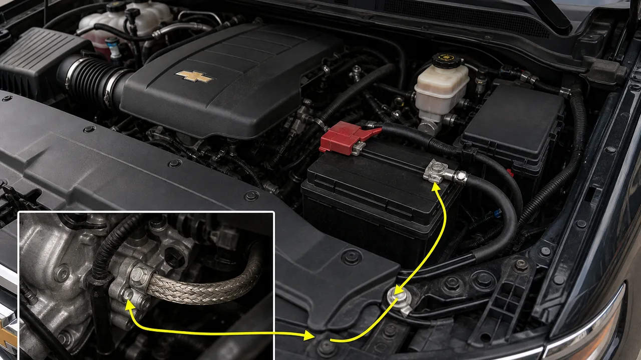 Under-hood view of battery cables and ground path inspection