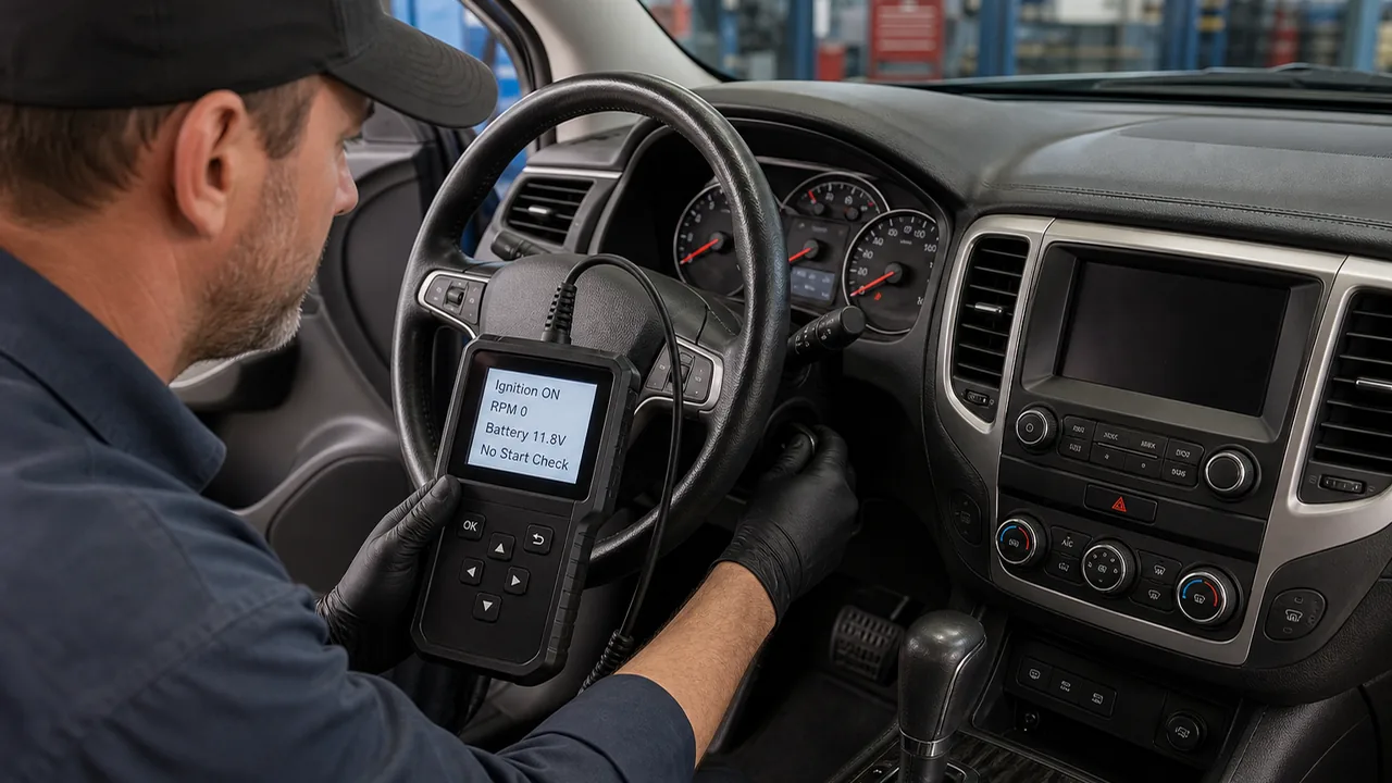 OBD-II scan tool being used during a no-start diagnosis