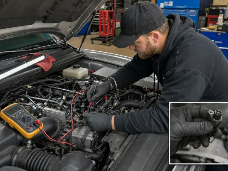 Mechanic inspecting misfire components during Why a 2014 Toyota Tundra Keeps a Camshaft Position Sensor Code After Replacement diagnosis