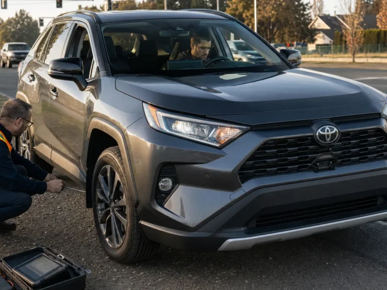Technician checking vehicle why a 2025 toyota rav4 may brake hard on its own symptoms in the braking system