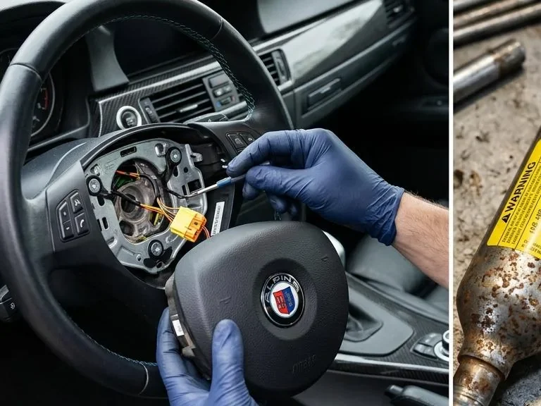 Mechanic inspecting body & interior components during repair guide