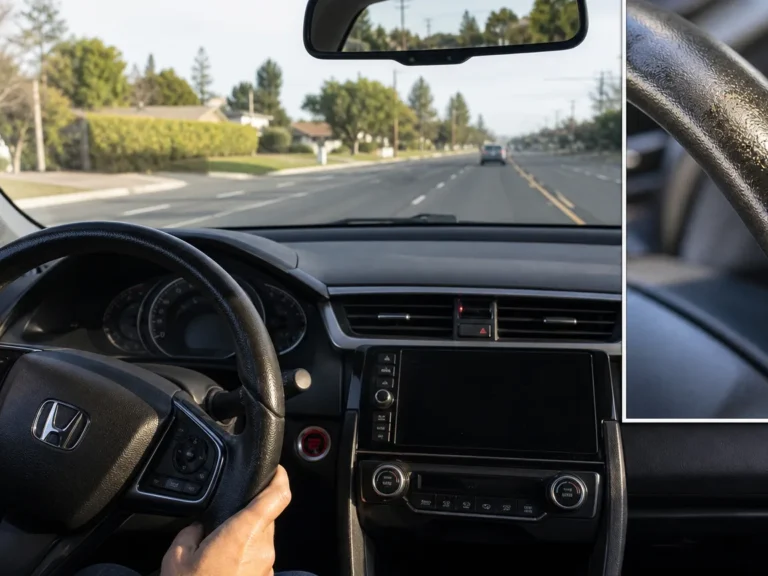 Honda Civic steering wheel on a straight road with front-end inspection context