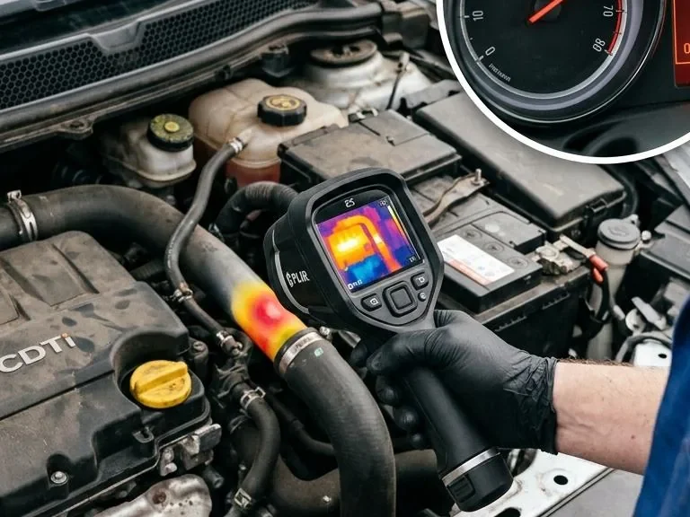 Technician checking vehicle why a vauxhall that overheats needs immediate cooling system diagnosis symptoms in the cooling system
