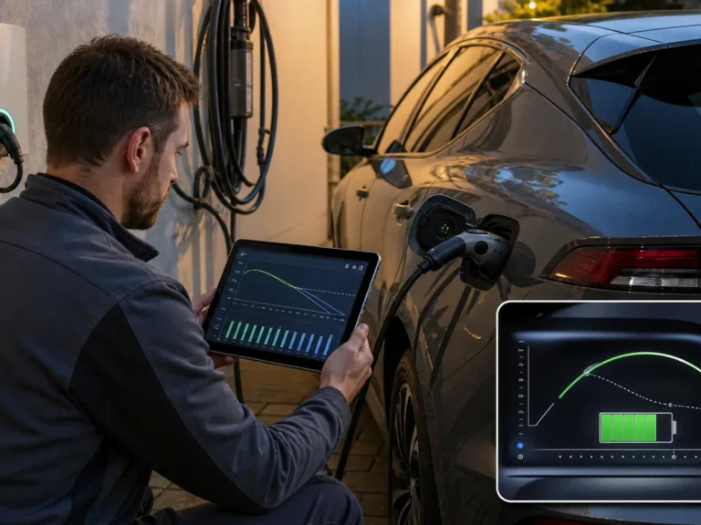 Mechanic inspecting hybrid & ev components during repair guide